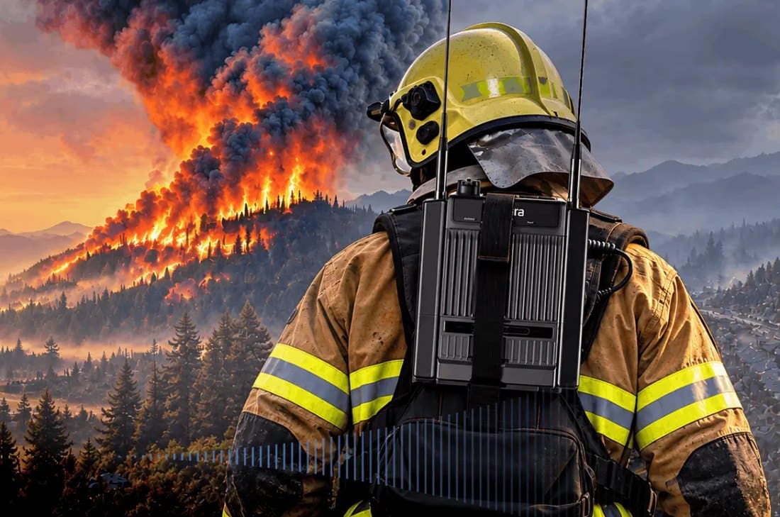 Bombero en un incendio forestal con repetidora portátil Hytera tipo mochila