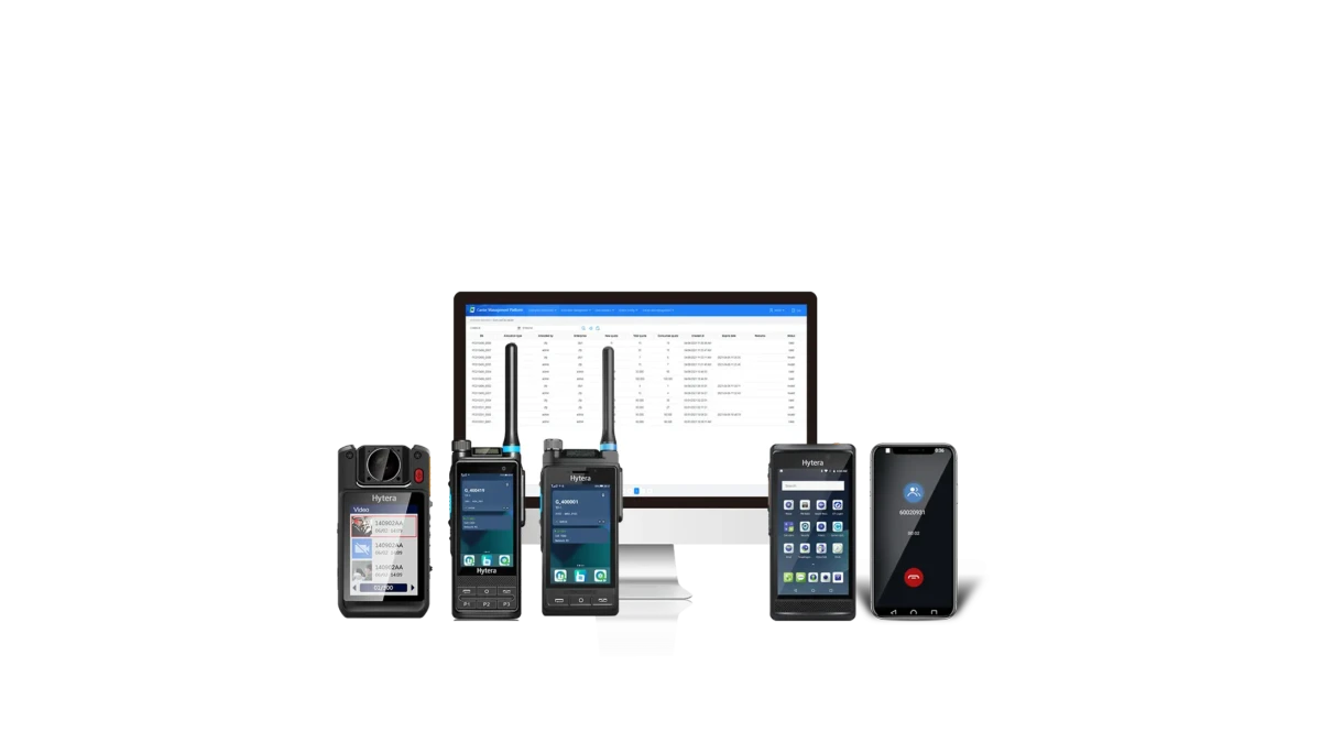 App Hytera HyTalk en celulares junto a radios PoC y la consola de despacho
