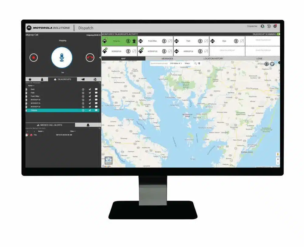 Consola de despacho Motorola WAVE PTX Dispatch con mapa de ubicación de la flota