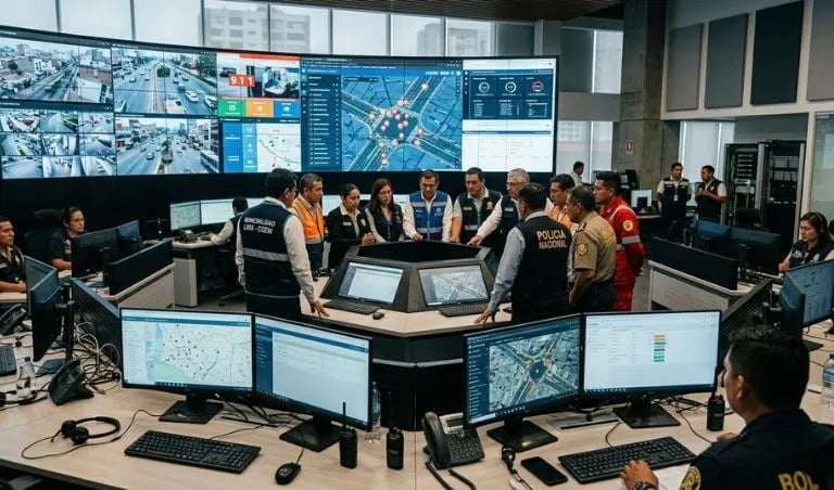 Centro de monitoreo municipal con operadores y pantallas de despacho